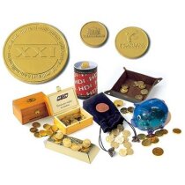 Moneda de chocolate con envoltorio oro o plata personalizada