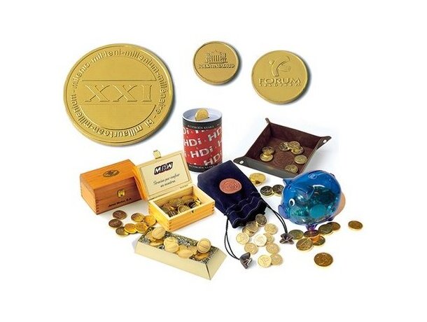 Moneda de chocolate con envoltorio oro o plata personalizada