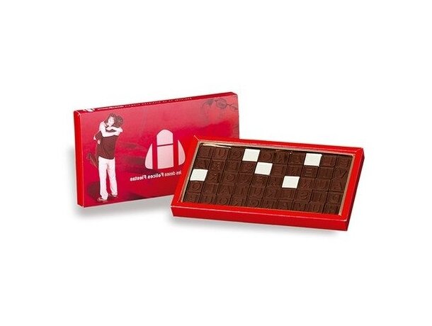 Caja mensaje con fichas de chocolate personalizada