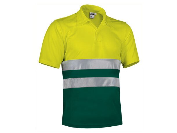 Polo de poliester bicolor con botones y bandas reflectantes Valento amarillo fluor-verde botella