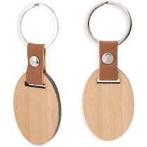 Llavero personalizado de madera ovalado con detalle polipiel