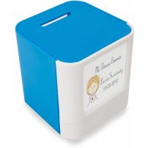 Hucha de plástico con porta fotos personalizada azul Hucha de plástico con porta fotos personalizada azul