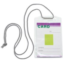 Identificador transparente con cordón azul personalizado Identificador transparente con cordón azul personalizado
