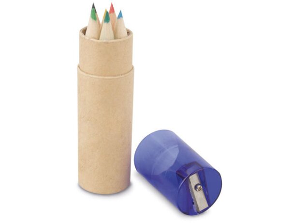 Cajita redonda con lápices y sacapuntas azul