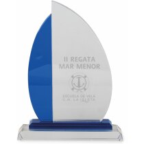 Trofeo vela de cristal azul y blanco personalizado