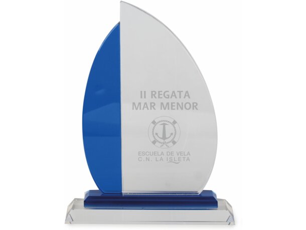 Trofeo vela de cristal azul y blanco personalizado