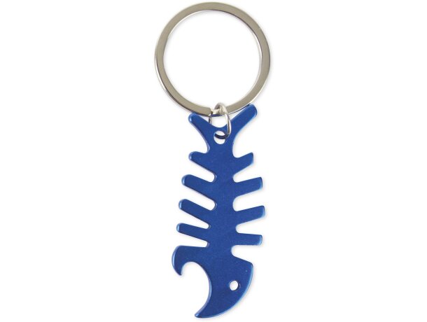 Llavero raspa de pescado de aluminio azul grabada