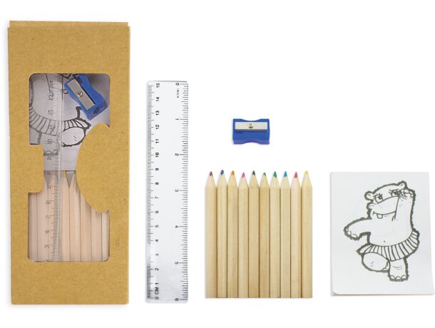 Caja con lápices de colores y libro para colorear grabado