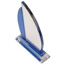 Trofeo vela de cristal azul y blanco personalizado