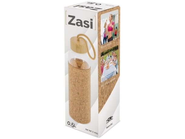 Botella cristal tapon bambu/corcho Zasi grabado