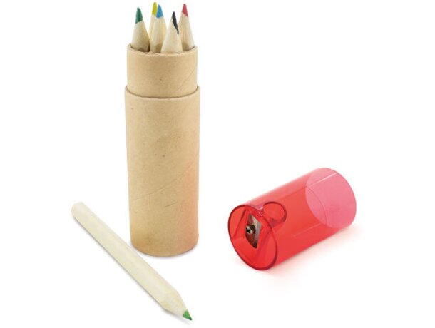 Cajita redonda con lápices y sacapuntas rojo