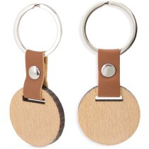 Llavero para empresa de madera redondo con detalle polipiel