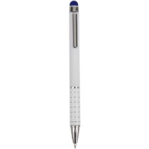 Bolígrafo elegante en blanco con aros en aluminio personalizado azul Bolígrafo elegante en blanco con aros en aluminio personalizado azul