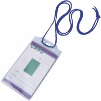 Identificador transparente con cordón azul personalizado