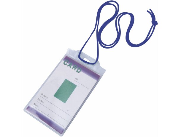 Identificador transparente con cordón azul personalizado