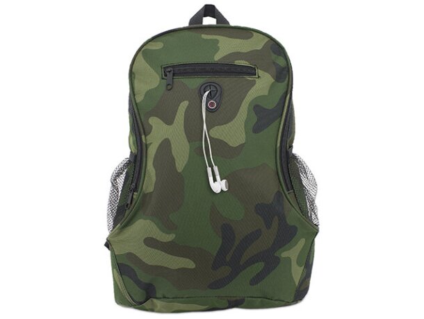Mochila con bolsillo de rejilla y salida auriculares camuflaje