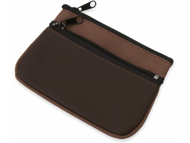 Monedero combinado con 2 cremalleras en poliester y PVC personalizado marron Monedero combinado con 2 cremalleras en poliester y PVC personalizado marron