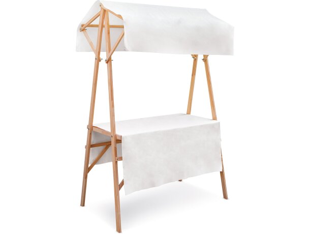 Mesa de eventos con estructura de madera y lona expositora detalle 1