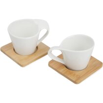 Set de dos tazas de café con plato de madera barata Set de dos tazas de café con plato de madera barata