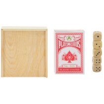 Cartas y dados en madera con estuche compacto