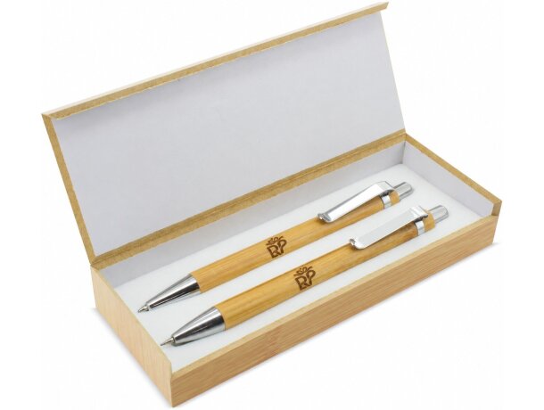 Set bolígrafo y portaminas bambú eco tinta azul detalle 1