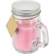 Vela para boda con logotipo Enca en jarrita de cristal con asa y tapa metálica