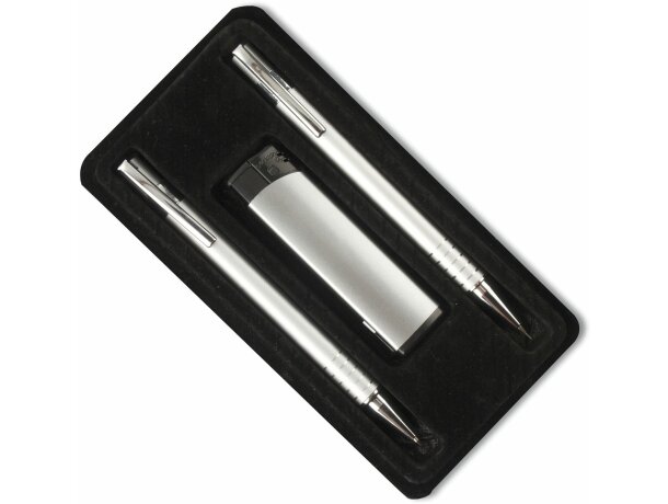Estuche con dos bolígrafos y encendedor personalizado negro