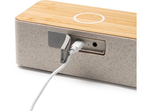 Altavoces con cargador inalámbrico de bambú Zatox Crudo detalle 1
