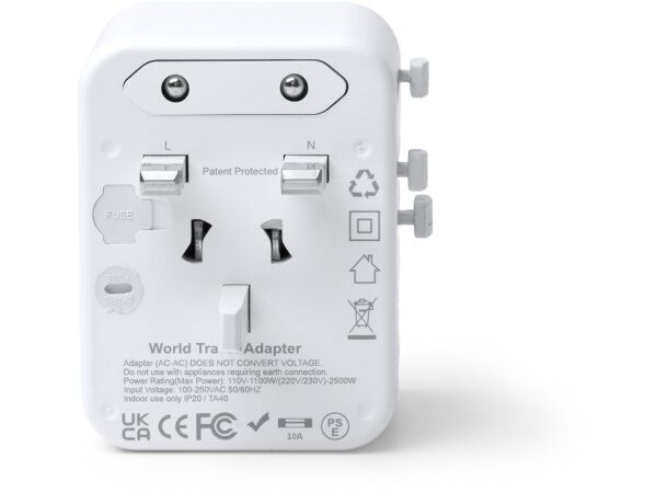 Adaptador de viaje Watik con USB-C y carga rápida 20W Blanco detalle 3