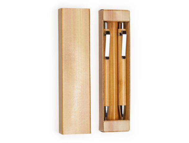 Set Kioto bambú con bolígrafo tinta azul y portaminas pulsador Crudo detalle 9