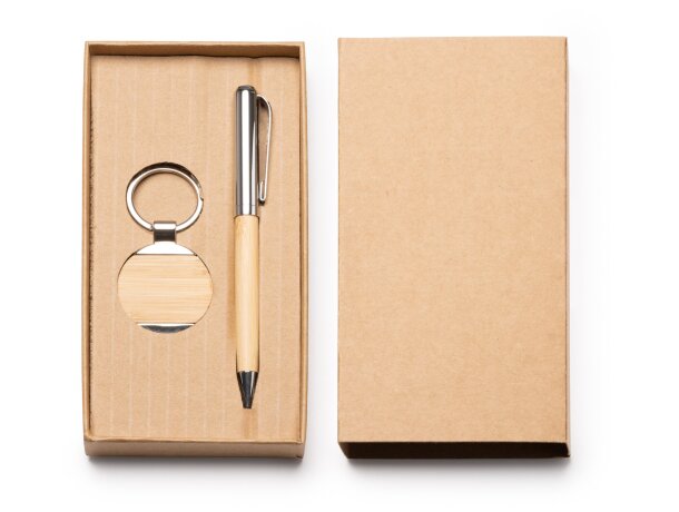 Set Paulov bambú clic tinta azul grabado llavero con logo juego Crudo detalle 2