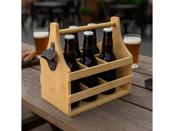 Botellero Guti de bambú con abridor incorporado para 6 botellines Crudo detalle 3