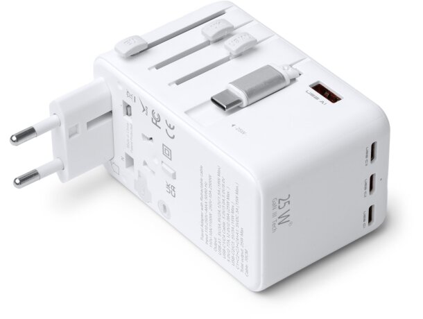 Adaptador de viaje Nexar universal con USB-C y cable retráctil Blanco detalle 2