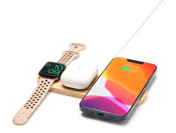 Cargador inalámbrico Fergus bambú 3 en 1 con puerto USB Crudo detalle 2