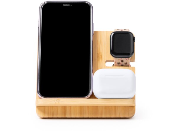 Soporte cargador inalámbrico bambú KROSY 3 en 1 15W Crudo detalle 1