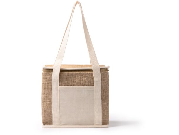 Bolsas térmicas promocionales con bolsillo frontall y asas de transporte de yute Florit Crudo detalle 6