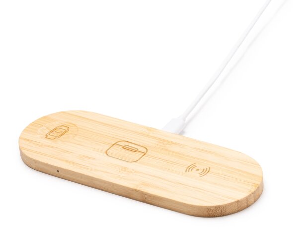 Cargador inalámbrico Fergus bambú 3 en 1 con puerto USB Crudo detalle 5