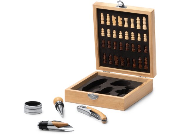 Set vino ajedrez Fresno bambú con accesorios y tablero integrado Crudo detalle 3
