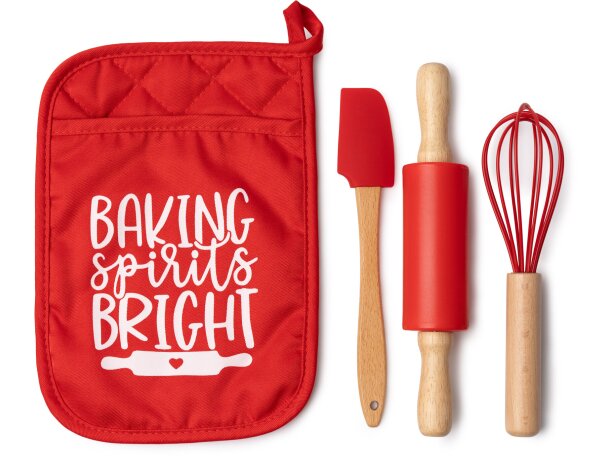 Set cocina Ginger con rodillo, varilla y espátula navideña Rojo detalle 4