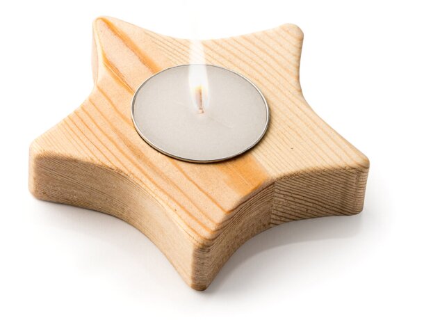 Vela promocional con soporte con forma de estrella de madera Maka Estrella detalle 3