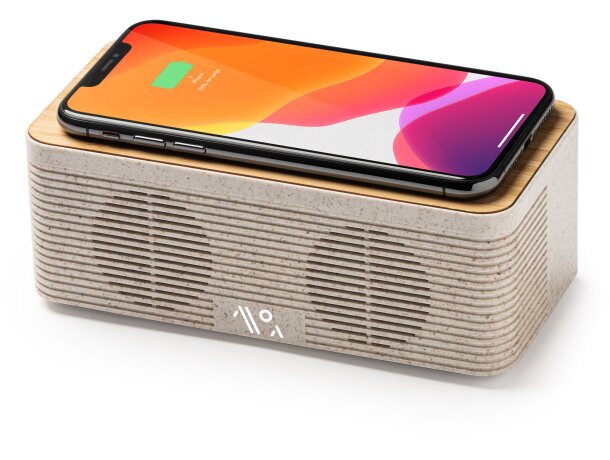 Altavoces con cargador inalámbrico de bambú Zatox Crudo detalle 2