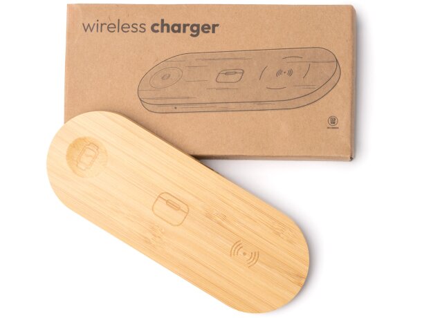 Cargador inalámbrico Fergus bambú 3 en 1 con puerto USB Crudo detalle 4
