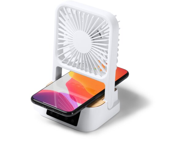 Ventilador escritorio Fuyi con carga inalámbrica y bambú Blanco detalle 3