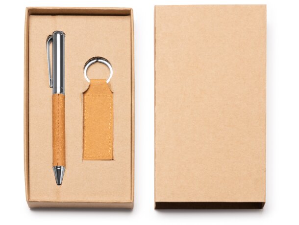 Set Fez con bolígrafo y llavero de cuero reciclado para regalar Crudo detalle 3