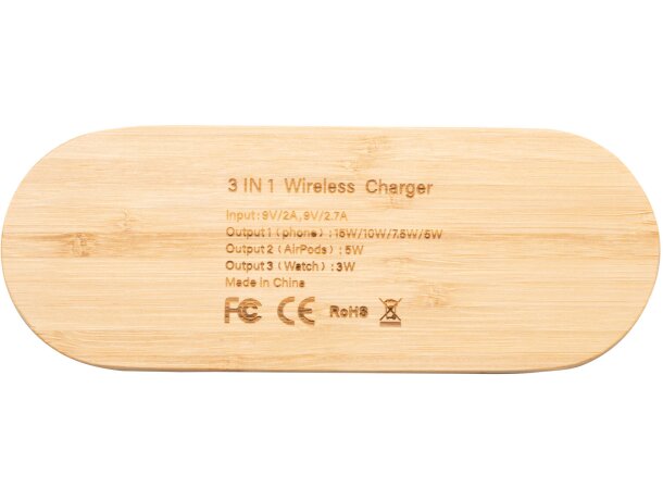 Cargador inalámbrico Fergus bambú 3 en 1 con puerto USB Crudo detalle 3