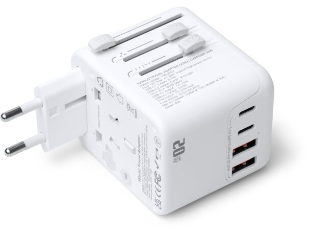 Adaptador de viaje Watik con USB-C y carga rápida 20W Blanco detalle 2