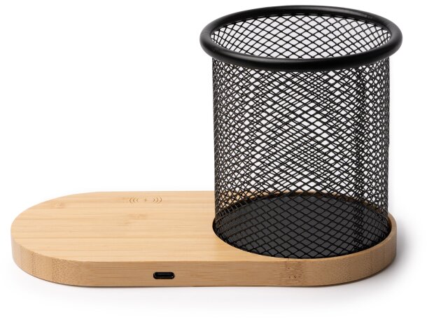 Portalápices cargador inalámbrico Costelo metal y bambú Crudo detalle 3