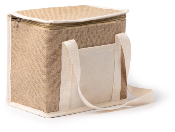 Bolsas térmicas promocionales con bolsillo frontall y asas de transporte de yute Florit Crudo detalle 6