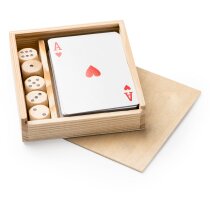 Caja madera natural con baraja francesa y dados