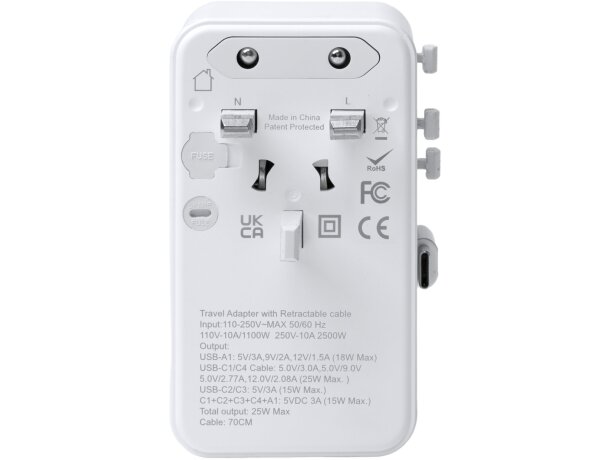Adaptador de viaje Nexar universal con USB-C y cable retráctil Blanco detalle 3